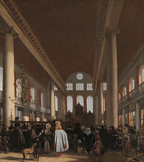 阿姆斯特丹葡萄牙犹太会堂内景,Emanuel de Witte 绘(公有领域)——1656 年那场诅咒就发生在这样的会堂里
